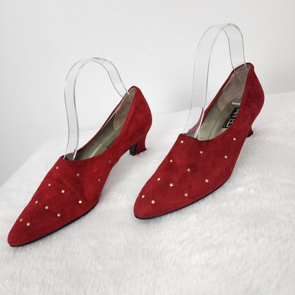 Van Eli Shoes - Vaneli Vintage Red and Gold Suede Leather Kitten Heel Pointed Toe Slip On Pumps